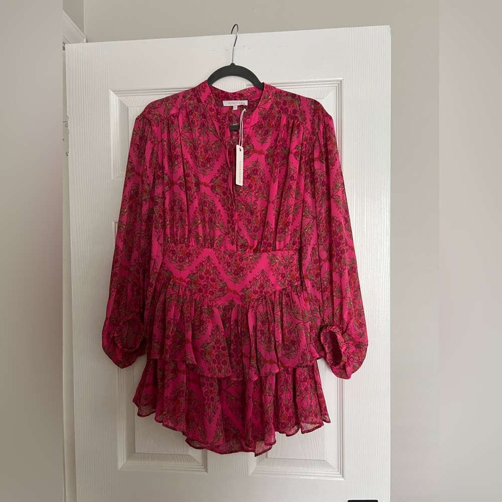 Olivaceous Fuchsia Pink Floral Tiered Long-Sleeve Mini Dress